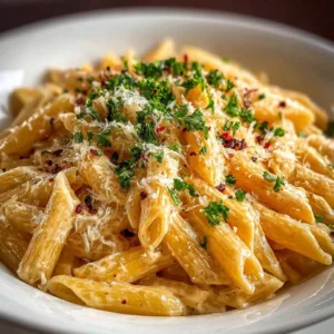 Delicious one pot creamy garlic pasta served with parsley garnish.
