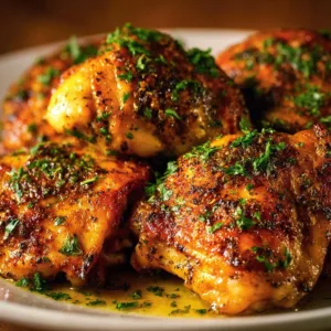 Delicious oven baked chicken thighs with crispy skin and seasoned herbs