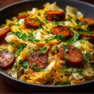 Delicious sausage and cabbage stir fry served in a bowl.