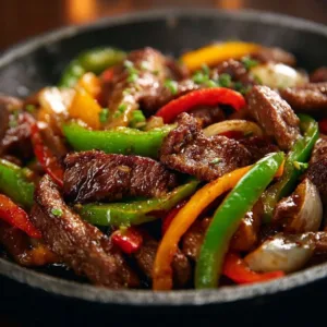 Sizzling Chinese pepper steak served with onions on a plate