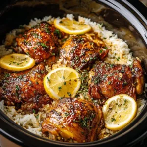 Slow cooker lemon herb chicken served with fluffy rice in a delicious meal