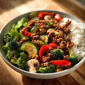 Spicy Ground Beef Stir-Fry Bowl with Garlic Veggies & Steamy Rice 2 Spicy ground beef stir-fry bowl with garlic vegetables and steamy rice