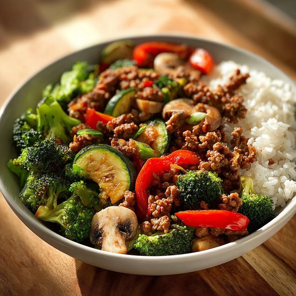 Spicy Ground Beef Stir-Fry Bowl with Garlic Veggies & Steamy Rice