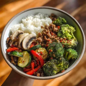 Spicy ground beef stir-fry bowl with garlic vegetables served over rice