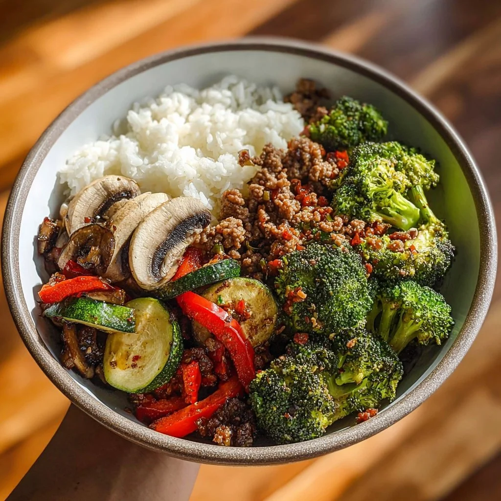 Home 4 Spicy Ground Beef Stir-Fry Bowl with Garlic Veggies & Steamy Rice