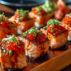 Spicy Salmon Sushi Bake 2 Spicy Salmon Sushi Bake served in a dish, garnished with green onions and nori.