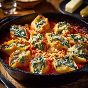 Spinach and Ricotta Stuffed Shells 2 Delicious spinach and ricotta stuffed shells ready to be served