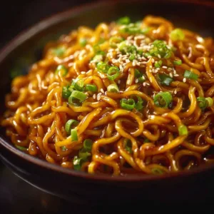 Bowl of sticky garlic chicken noodles garnished with green onions