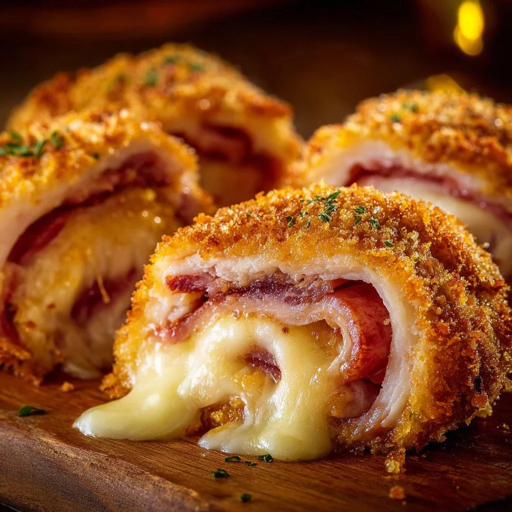 Baked Chicken Cordon Bleu dish with melted cheese and ham