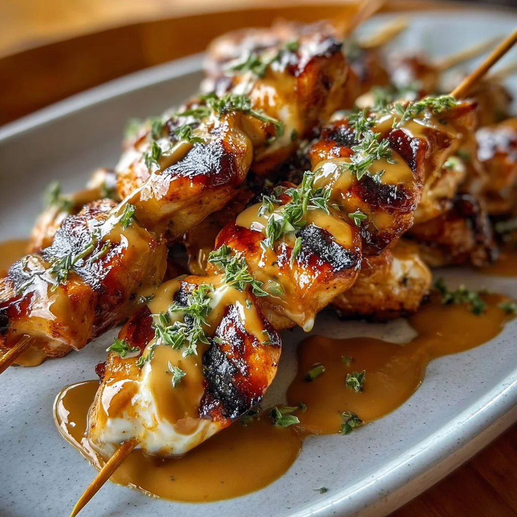 Delicious Bang Bang Chicken Skewers served on a platter