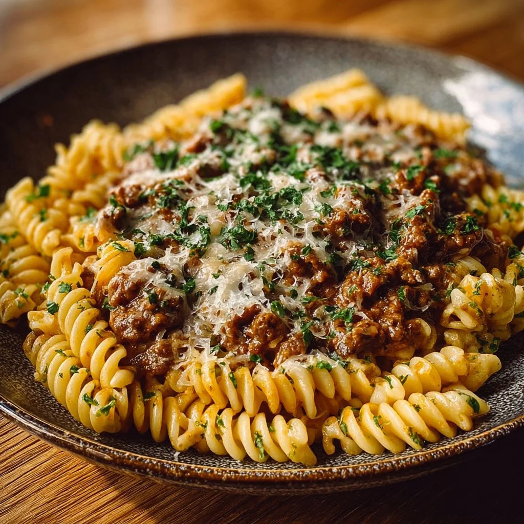 Delicious Beef Rotini in a creamy Garlic Parmesan sauce served on a plate