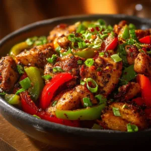 Delicious black pepper chicken served on a plate with colorful vegetables