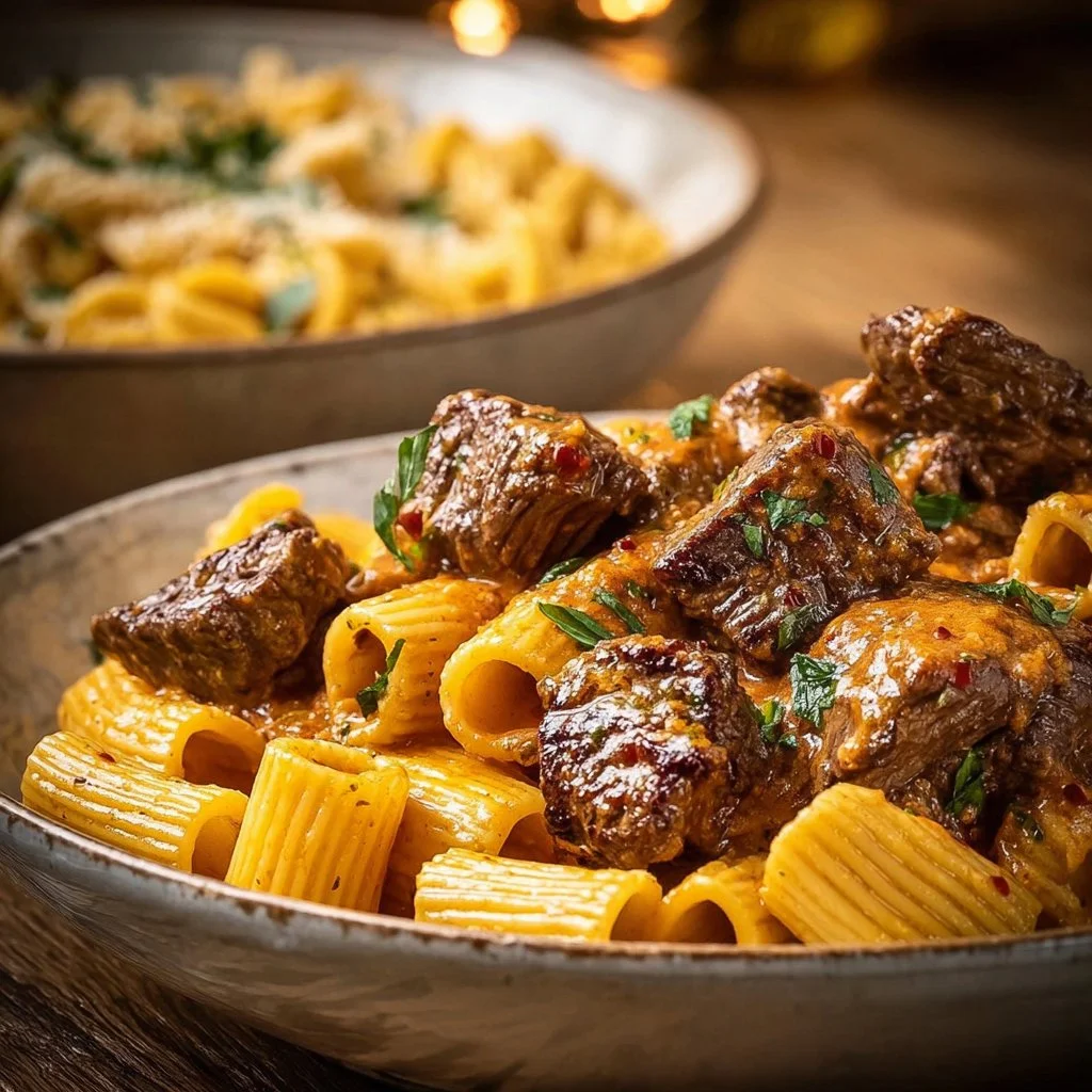 Cajun Steak Tips served with Cheesy Rigatoni in a delicious dish