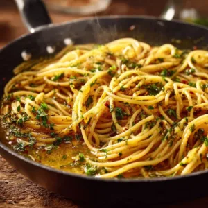 Delicious caramelized onion and garlic spaghetti garnished with fresh herbs.