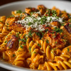 A delicious plate of Cowboy Butter Chicken Pasta with vibrant colors and garnishes.