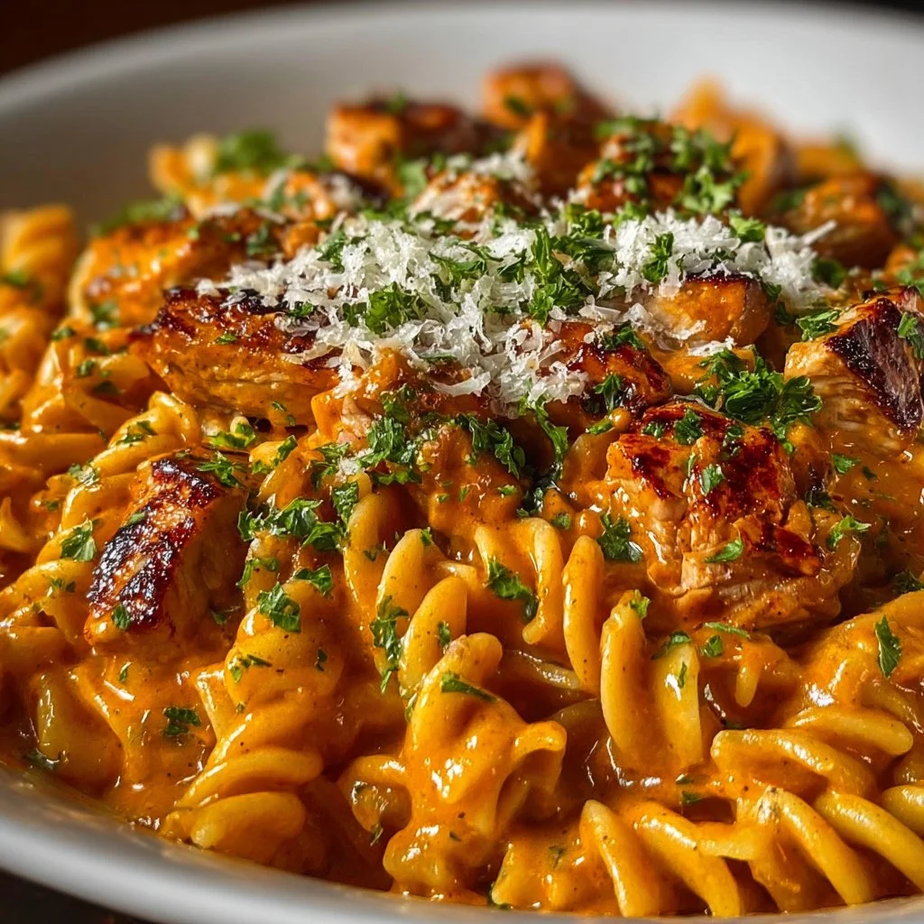 A delicious plate of Cowboy Butter Chicken Pasta with vibrant colors and garnishes.