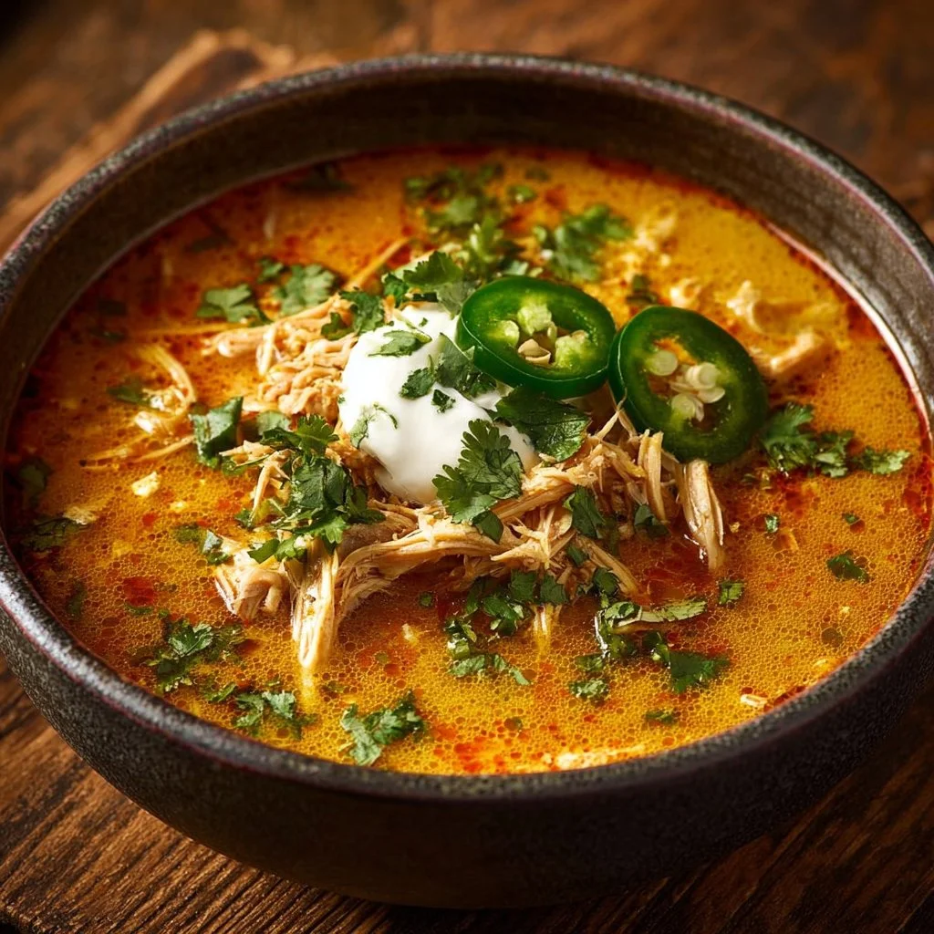 Creamy chicken enchilada soup topped with cheese and cilantro in a bowl