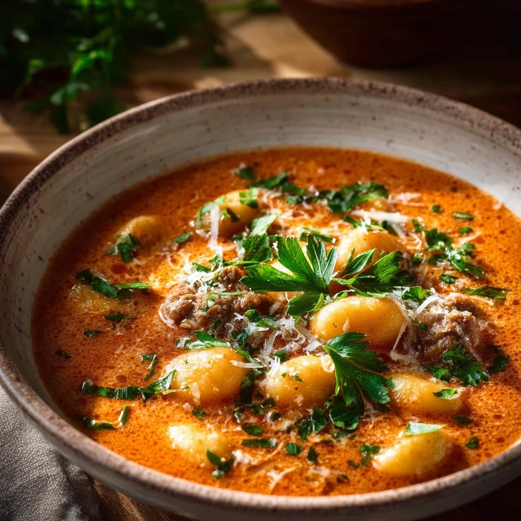 Creamy Italian sausage gnocchi soup in a bowl topped with parsley.