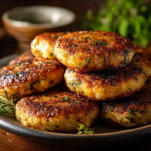 Crispy air fryer chicken rissoles served on a plate with dipping sauce