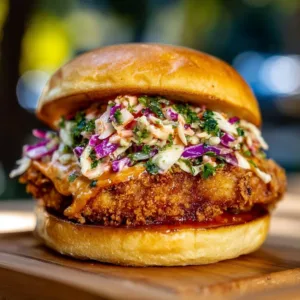 Delicious crispy chicken burger plated with fresh toppings and sauces