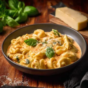 CrockPot chicken tortellini in a white bowl garnished with herbs