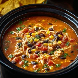 Bowl of homemade Crockpot Chicken Tortilla Soup garnished with tortilla strips and cilantro