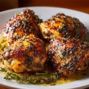 Juicy baked boneless skinless chicken thighs served on a plate