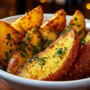 Plate of Garlic Parmesan Potato Wedges garnished with herbs