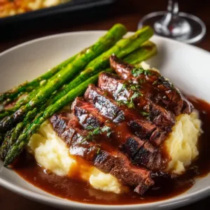 Plate of gourmet steak with mashed potatoes and asparagus garnished with herbs