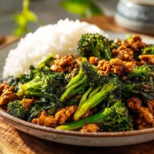 Ground chicken and broccoli stir fry in a colorful bowl