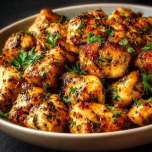 Plate of Honey Garlic Chicken Bites garnished with sesame seeds and green onions