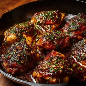 Juicy Honey Garlic Chicken Thighs glistening with a sweet glaze on a plate.