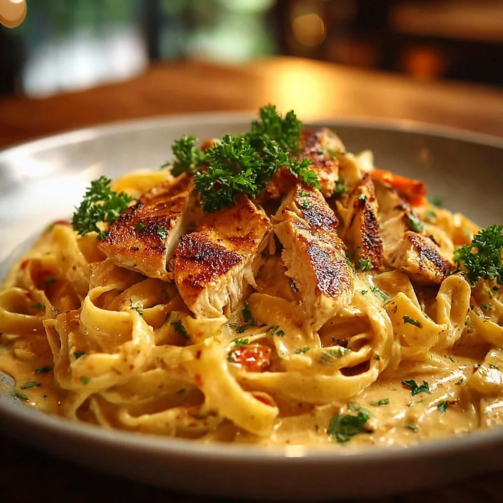 Plate of Cowboy Butter Chicken Linguine with vibrant colors and garnishes