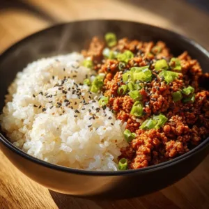 Plate of spicy low carb firecracker ground chicken garnished with vegetables