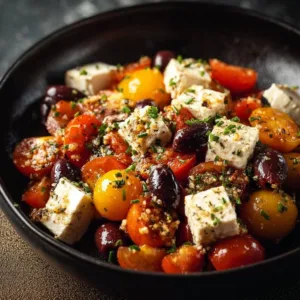 Mediterranean Keto Skillet with ground chicken, olives, and feta cheese.