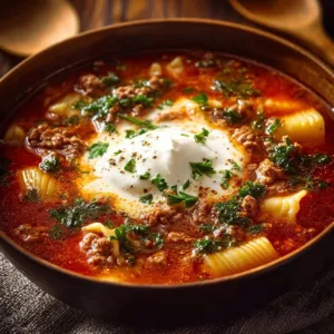 Bowl of delicious One-Pot Lasagna Soup topped with cheese and herbs