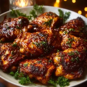 Oven-baked BBQ chicken thighs coated in rich barbecue sauce