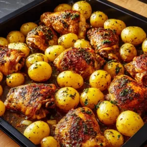 Oven baked chicken thighs with crispy potatoes on a plate