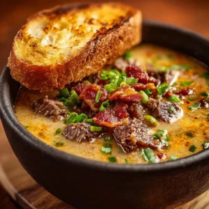 Delicious Philly Cheesesteak Soup with beef, peppers, and cheese