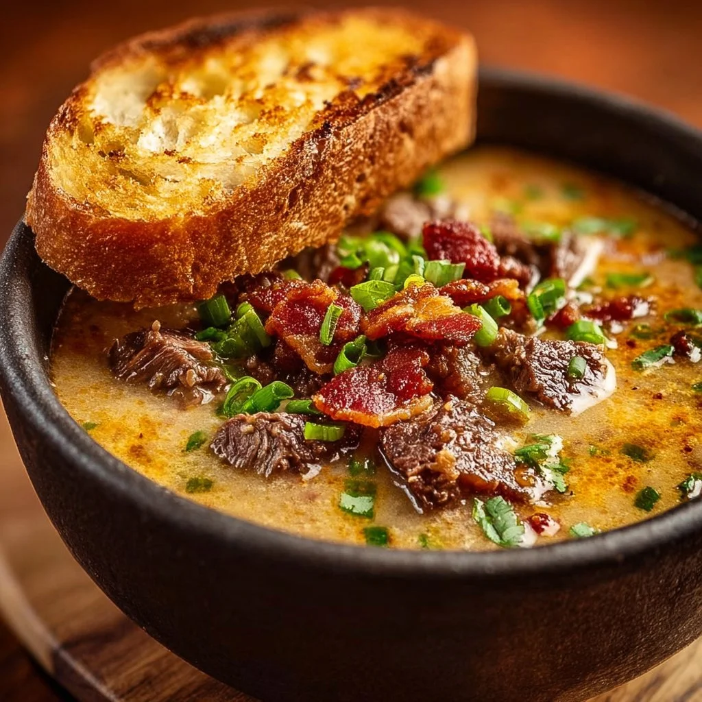 Delicious Philly Cheesesteak Soup with beef, peppers, and cheese