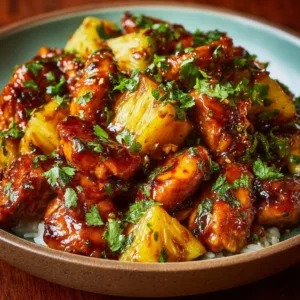 Delicious Pineapple Chicken served with rice and garnished with fresh herbs.