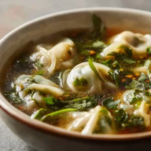 Delicious bowl of potsticker soup with vegetables and dumplings