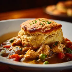 Red Lobster Biscuit Chicken Pot Pie with chicken and biscuits in creamy sauce.