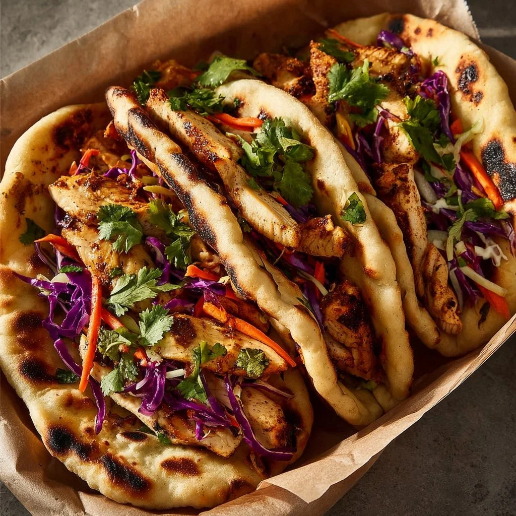 Sheet Pan Chicken Pitas with fresh vegetables and sauce