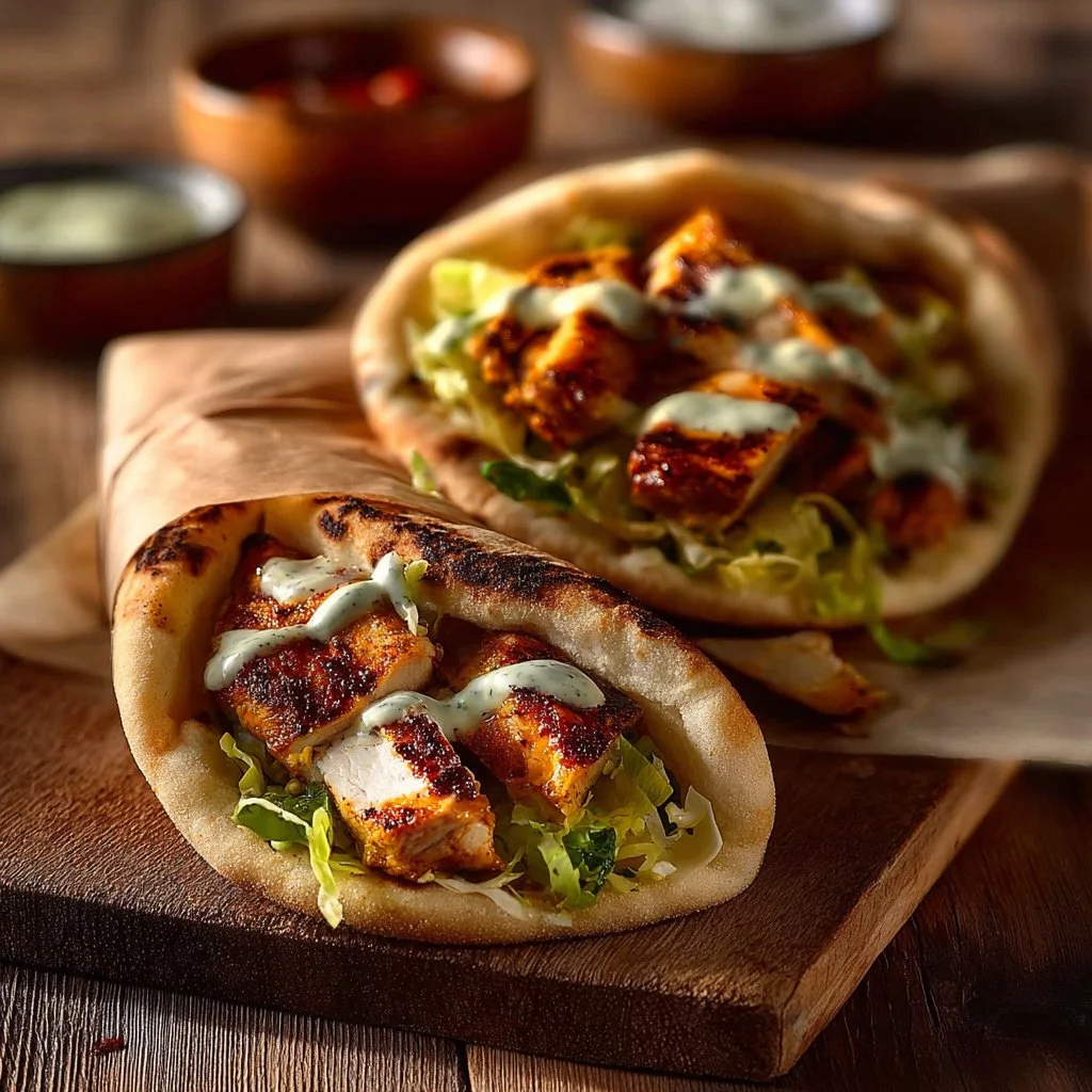 Sheet Pan Chicken Pitas topped with Herby Ranch dressing on a serving platter