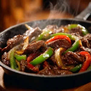 Delicious Chinese pepper steak with onions served sizzling on a plate.