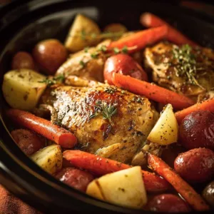 Slow Cooker Garlic Butter Chicken accompanied by colorful vegetables.