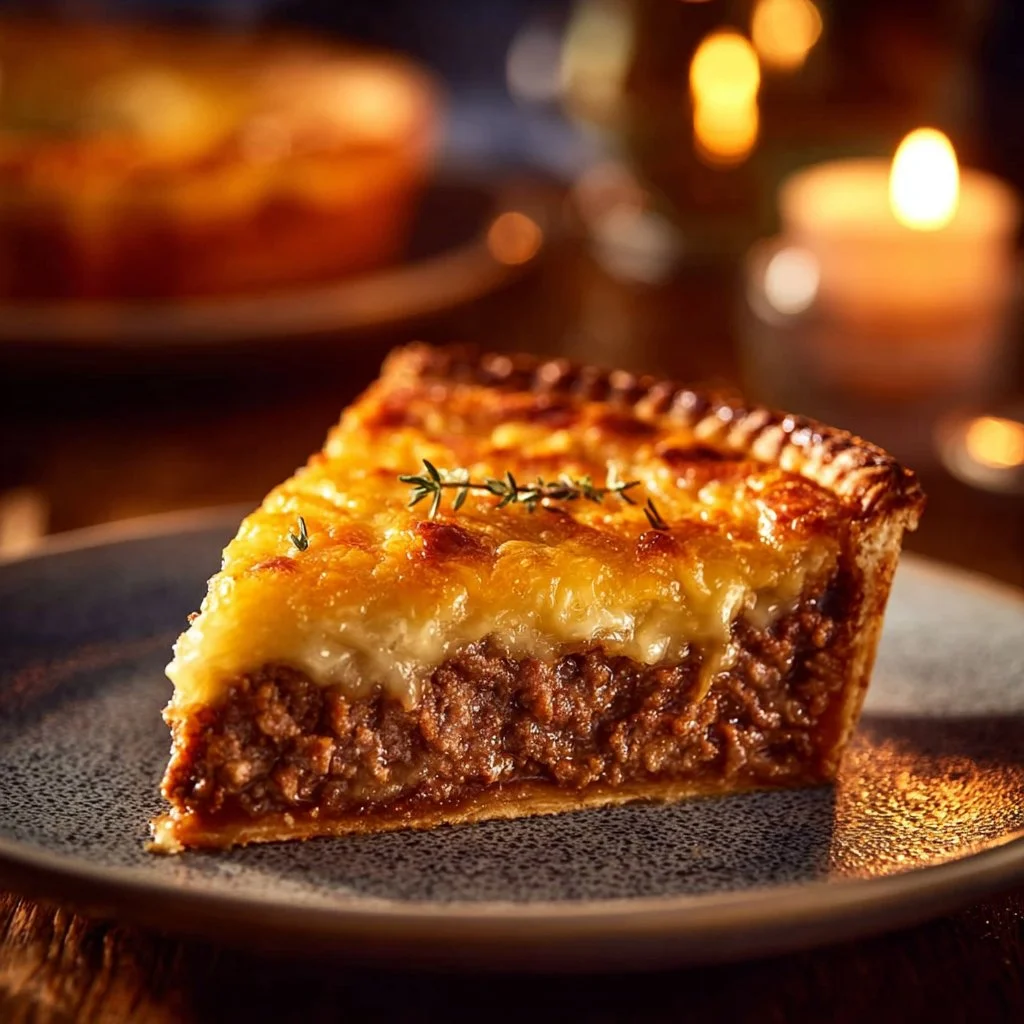 Southern Style Cheeseburger Pie topped with cheese and herbs