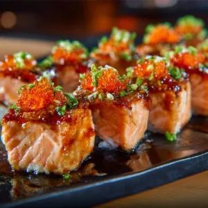 Spicy salmon sushi bake dish with garnishes on a serving plate.