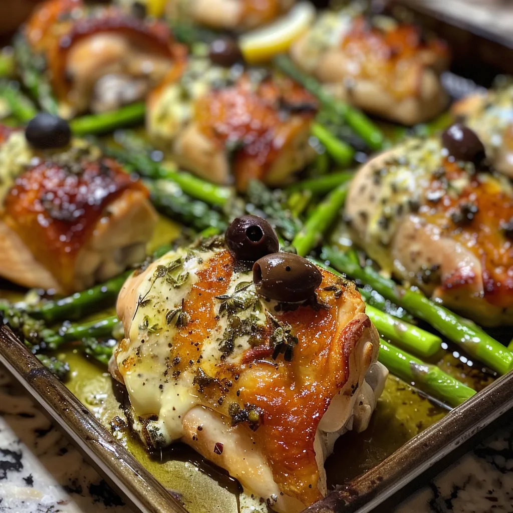 Easy Sheet-Pan Chicken with Asparagus & Creamy Olive Yogurt – Ready in 30 Minutes!